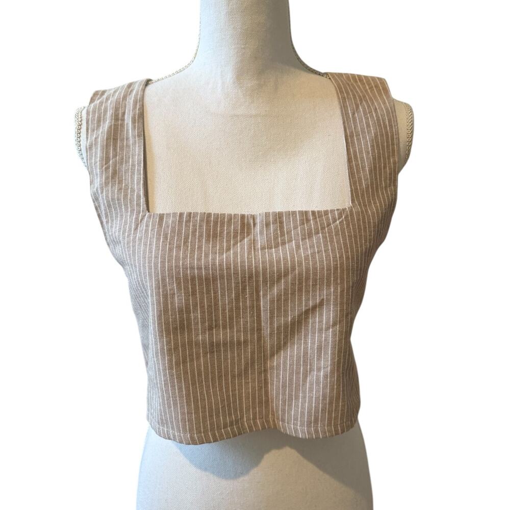 Kourt Zaccai Tan & White Pinstripe Cropped Sleeveless Top S
